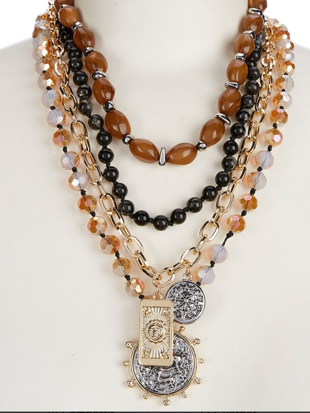 Zara Multi-Strand Pendant Necklace in Brown, Black & Gold